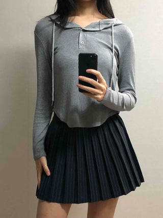 Soft Daily Henley Neck Hooded Long Sleeve T-shirt