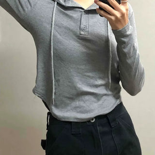 Soft Daily Henley Neck Hooded Long Sleeve T-shirt