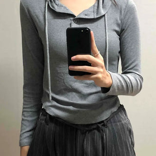 Soft Daily Henley Neck Hooded Long Sleeve T-shirt
