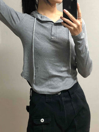 Soft Daily Henley Neck Hooded Long Sleeve T-shirt