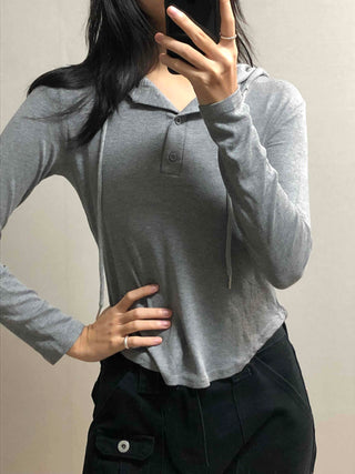 Soft Daily Henley Neck Hooded Long Sleeve T-shirt