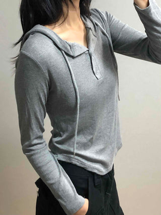 Soft Daily Henley Neck Hooded Long Sleeve T-shirt