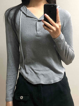 Soft Daily Henley Neck Hooded Long Sleeve T-shirt