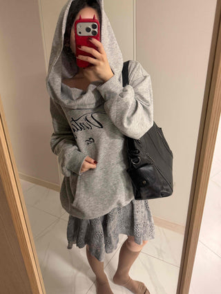 Cowl neck lettering print oversized hoodie