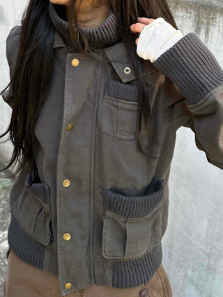 Gold Button Reversible Knit Color Block MA-1 Bomber Jumper