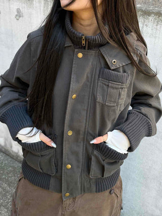 Gold Button Reversible Knit Color Block MA-1 Bomber Jumper