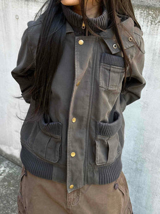 Gold Button Reversible Knit Color Block MA-1 Bomber Jumper