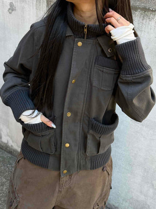 Gold Button Reversible Knit Color Block MA-1 Bomber Jumper