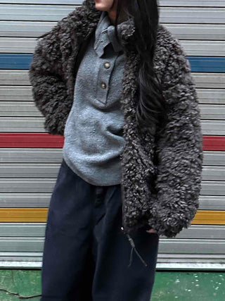 Double Snap Wool Short Crop Zip-Up