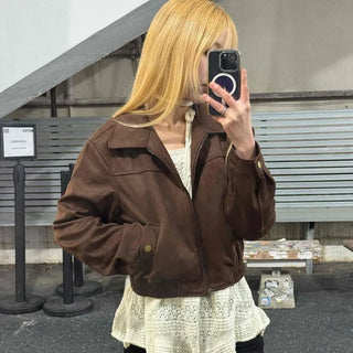 Vintage Loose Fit Collared Crop Jacket