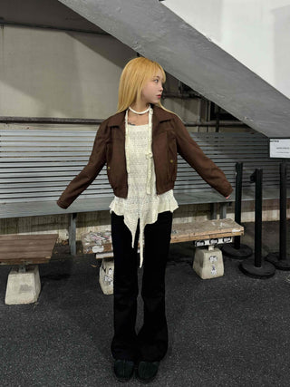 Vintage Loose Fit Collared Crop Jacket
