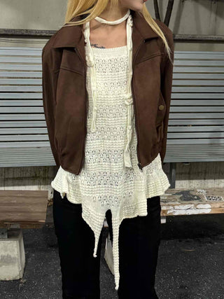 Vintage Loose Fit Collared Crop Jacket