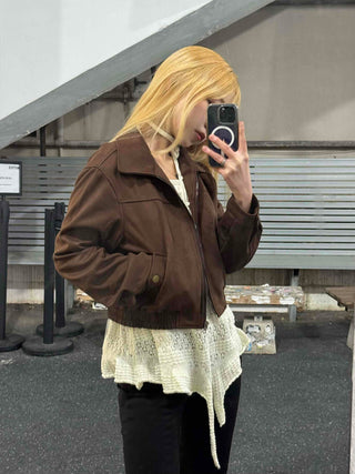 Vintage Loose Fit Collared Crop Jacket