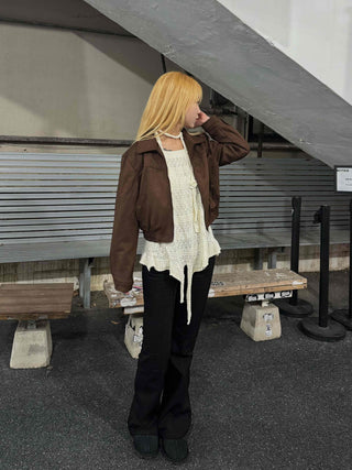 Vintage Loose Fit Collared Crop Jacket