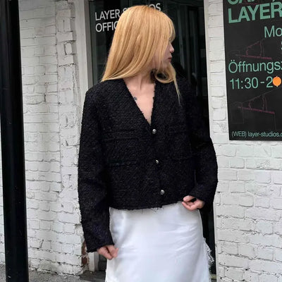 Vintage Boucle Gold Button V-Neck Short Jacket
