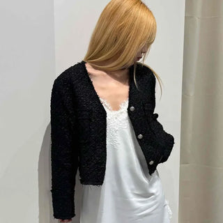Vintage Boucle Gold Button V-Neck Short Jacket