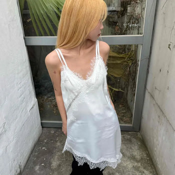 Lace-trimmed satin slip dress