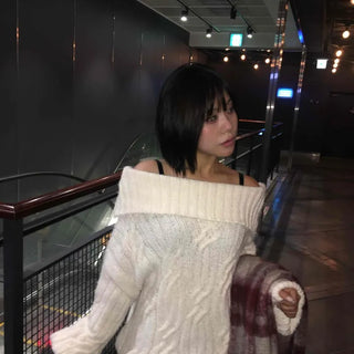 Cable Off-Shoulder Balloon Sleeve Knit