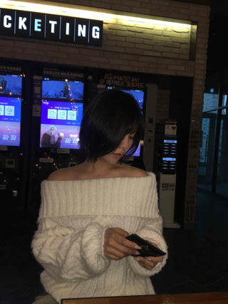 Cable Off-Shoulder Balloon Sleeve Knit