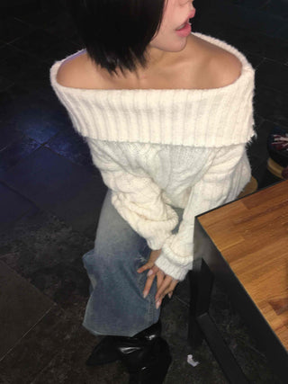 Cable Off-Shoulder Balloon Sleeve Knit