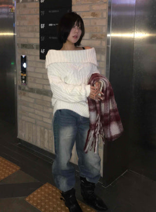 Cable Off-Shoulder Balloon Sleeve Knit
