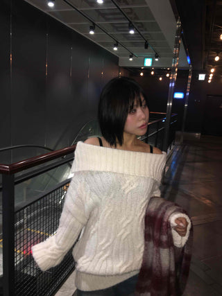 Cable Off-Shoulder Balloon Sleeve Knit