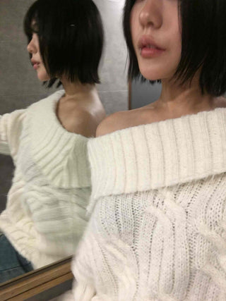 Cable Off-Shoulder Balloon Sleeve Knit