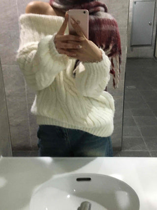 Cable Off-Shoulder Balloon Sleeve Knit