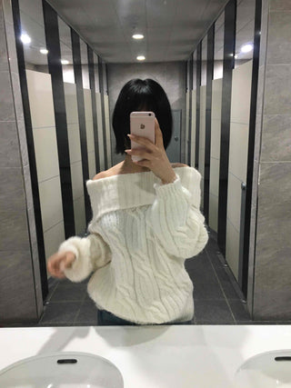 Cable Off-Shoulder Balloon Sleeve Knit