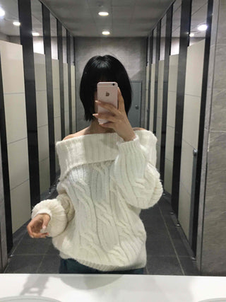 Cable Off-Shoulder Balloon Sleeve Knit