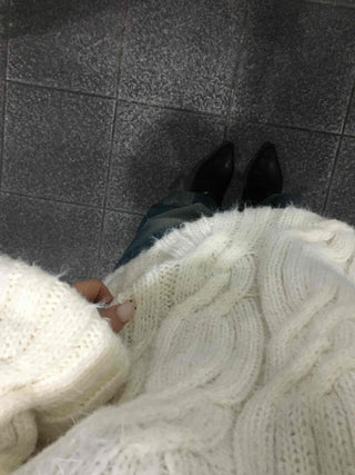 Cable Off-Shoulder Balloon Sleeve Knit