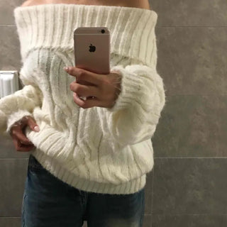 Cable Off-Shoulder Balloon Sleeve Knit