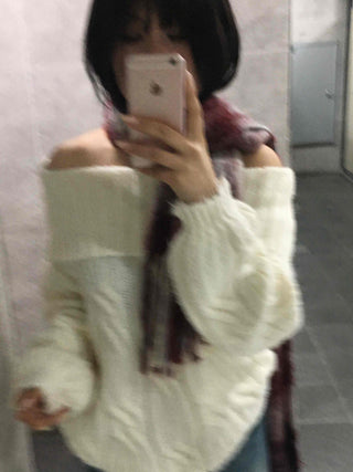 Cable Off-Shoulder Balloon Sleeve Knit