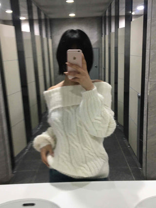 Cable Off-Shoulder Balloon Sleeve Knit