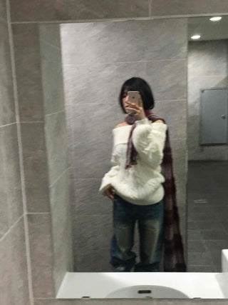 Cable Off-Shoulder Balloon Sleeve Knit