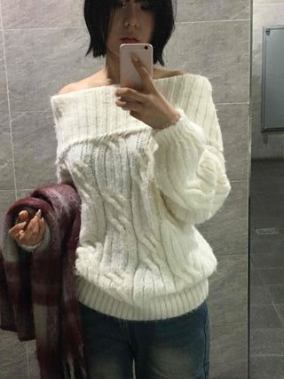 Cable Off-Shoulder Balloon Sleeve Knit