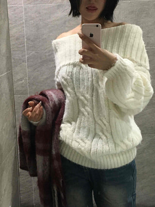 Cable Off-Shoulder Balloon Sleeve Knit