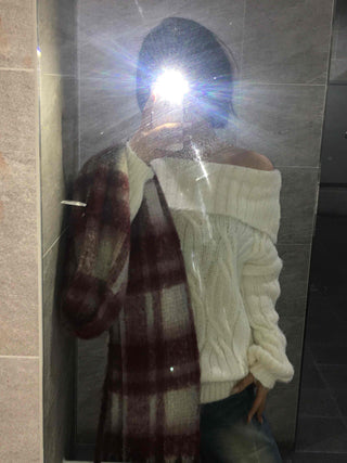 Cable Off-Shoulder Balloon Sleeve Knit