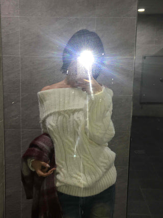Cable Off-Shoulder Balloon Sleeve Knit