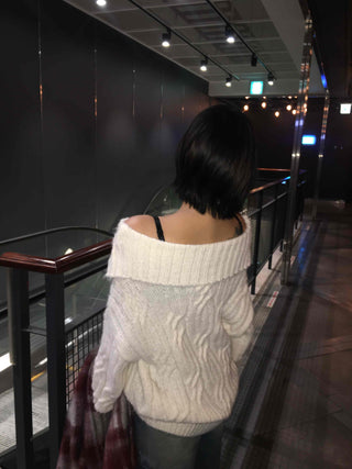 Cable Off-Shoulder Balloon Sleeve Knit
