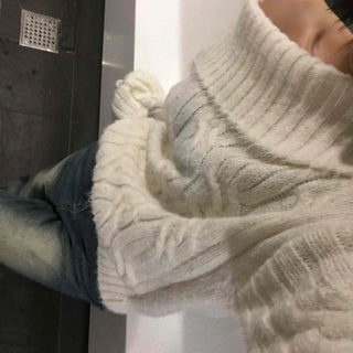 Cable Off-Shoulder Balloon Sleeve Knit
