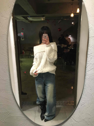 Cable Off-Shoulder Balloon Sleeve Knit