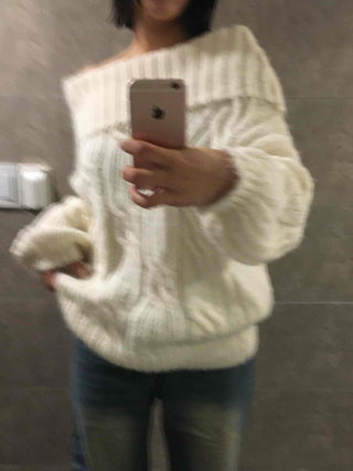 Cable Off-Shoulder Balloon Sleeve Knit
