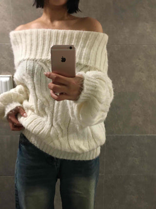 Cable Off-Shoulder Balloon Sleeve Knit