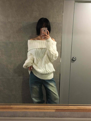 Cable Off-Shoulder Balloon Sleeve Knit