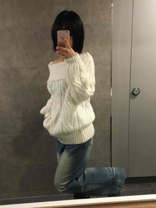 Cable Off-Shoulder Balloon Sleeve Knit