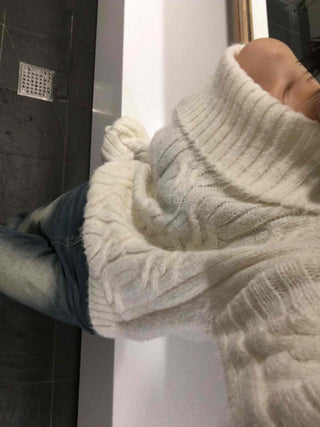 Cable Off-Shoulder Balloon Sleeve Knit