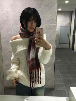 Cable Off-Shoulder Balloon Sleeve Knit