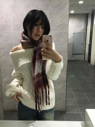 Cable Off-Shoulder Balloon Sleeve Knit