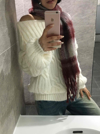 Cable Off-Shoulder Balloon Sleeve Knit